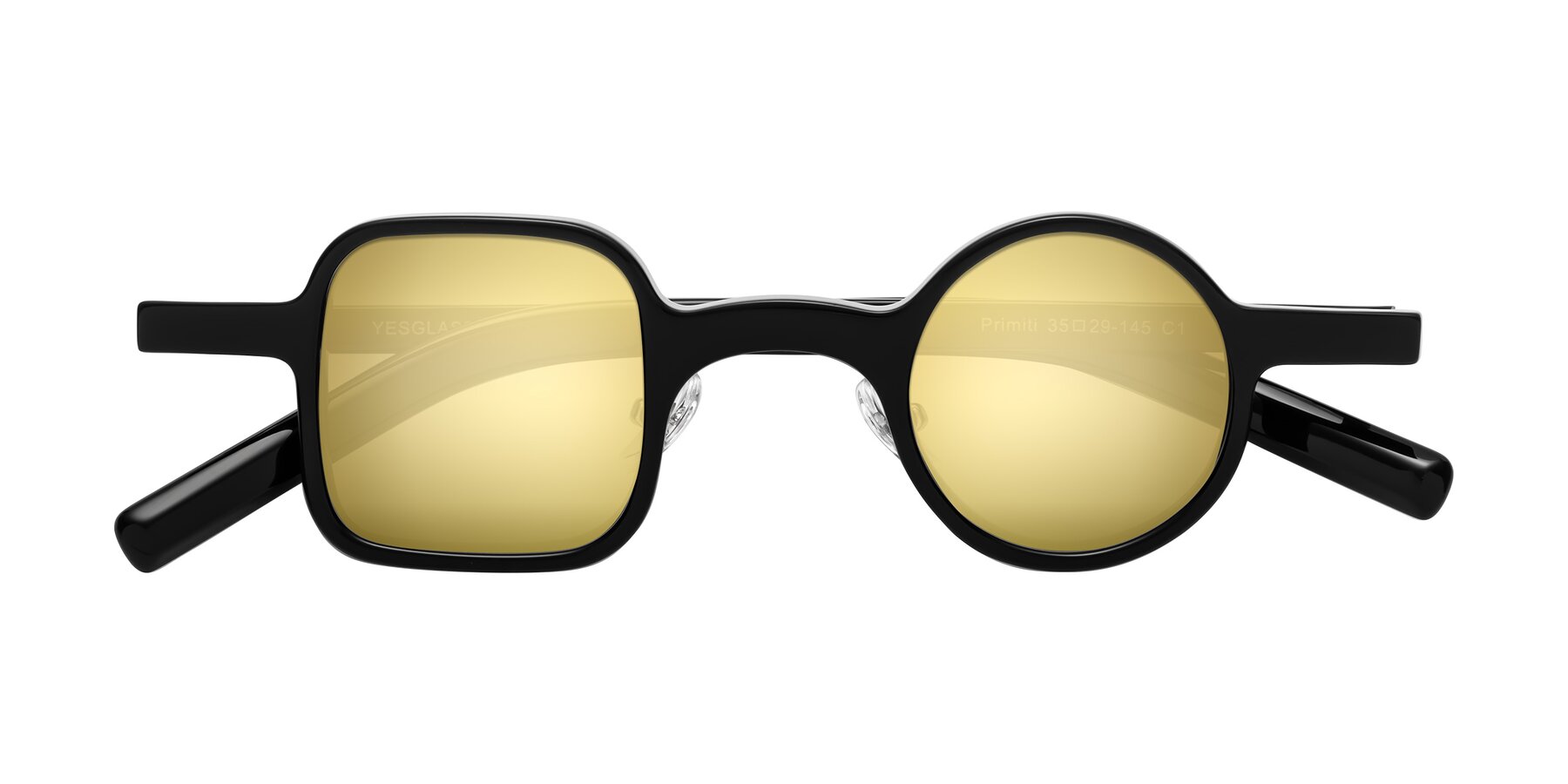 Folded Front of Primiti in Black with Gold Mirrored Lenses