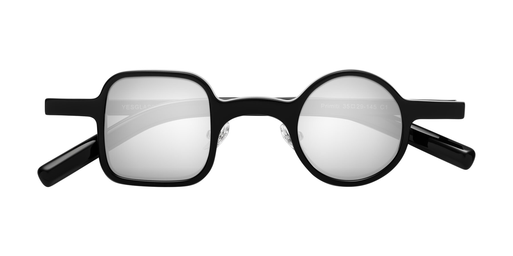 Folded Front of Primiti in Black with Silver Mirrored Lenses