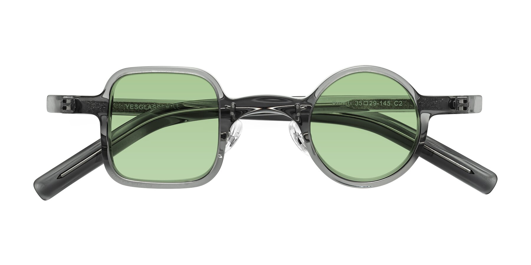 Folded Front of Primiti in Gray with Medium Green Tinted Lenses