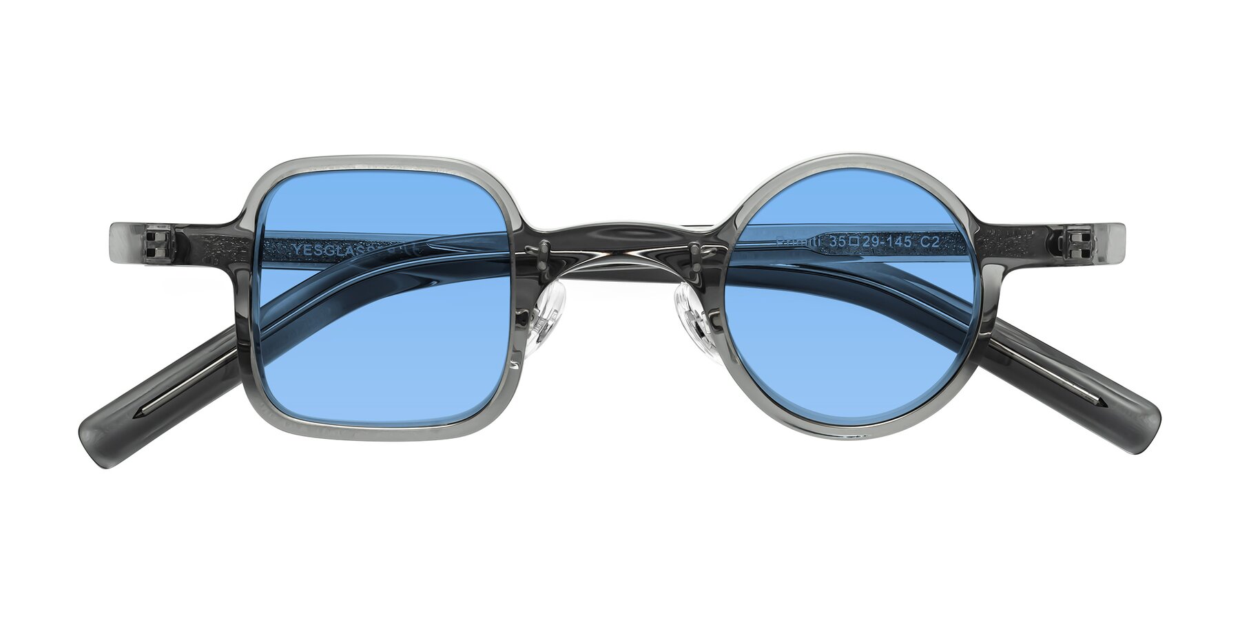 Folded Front of Primiti in Gray with Medium Blue Tinted Lenses