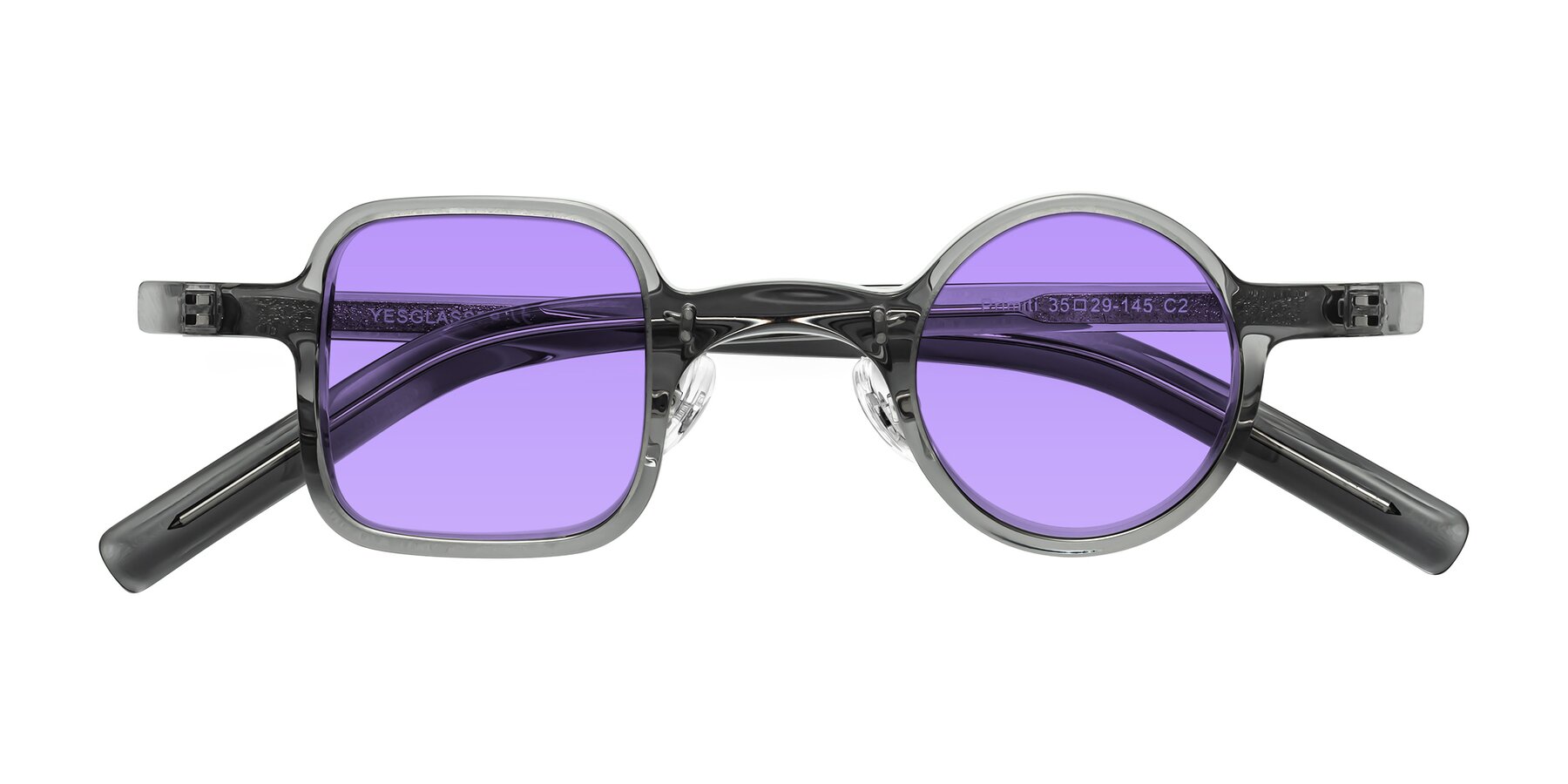 Folded Front of Primiti in Gray with Medium Purple Tinted Lenses