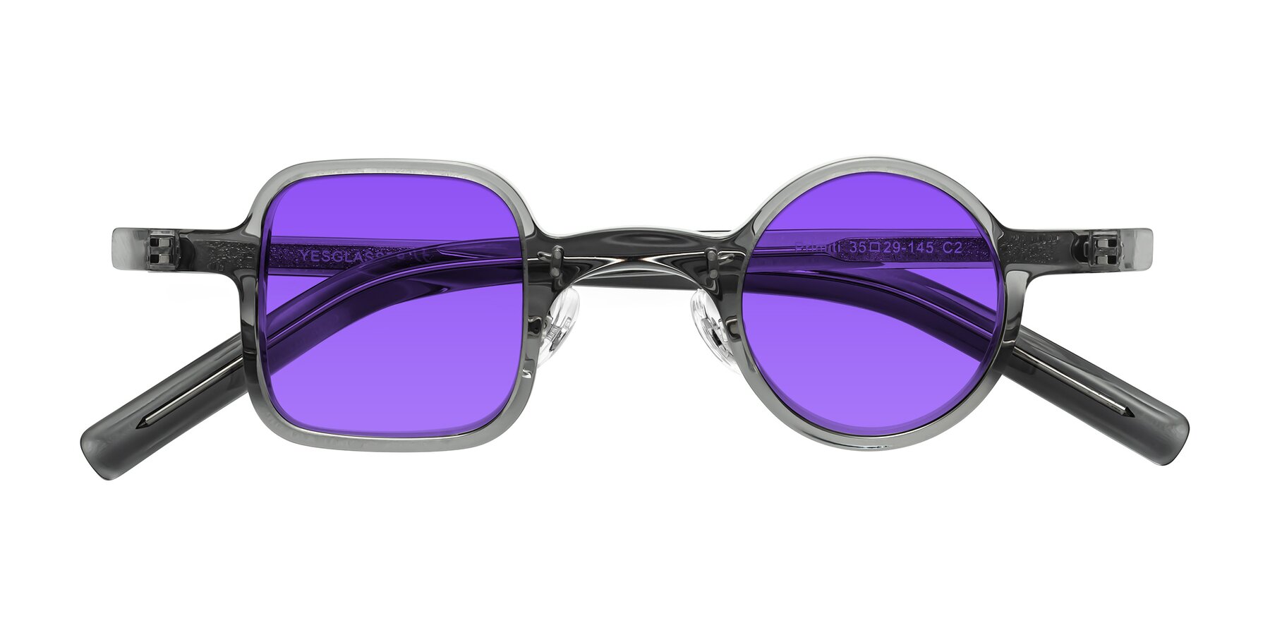 Folded Front of Primiti in Gray with Purple Tinted Lenses