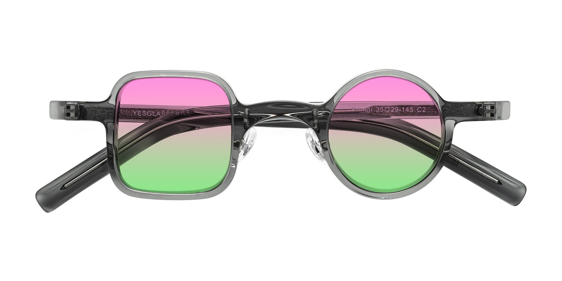 Folded Front of Primiti in Gray with Pink / Green Gradient Lenses