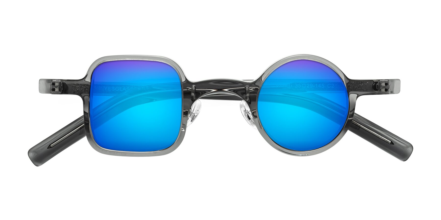 Folded Front of Primiti in Gray with Blue Mirrored Lenses