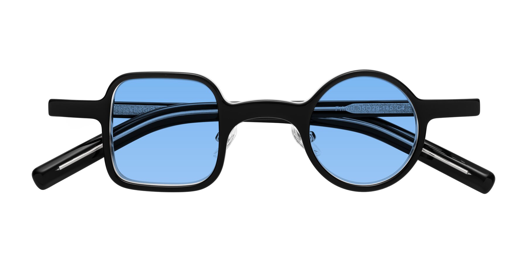 Folded Front of Primiti in Black-Clear with Medium Blue Tinted Lenses