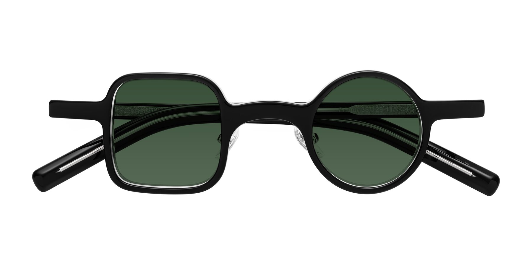 Folded Front of Primiti in Black-Clear with Green Tinted Lenses