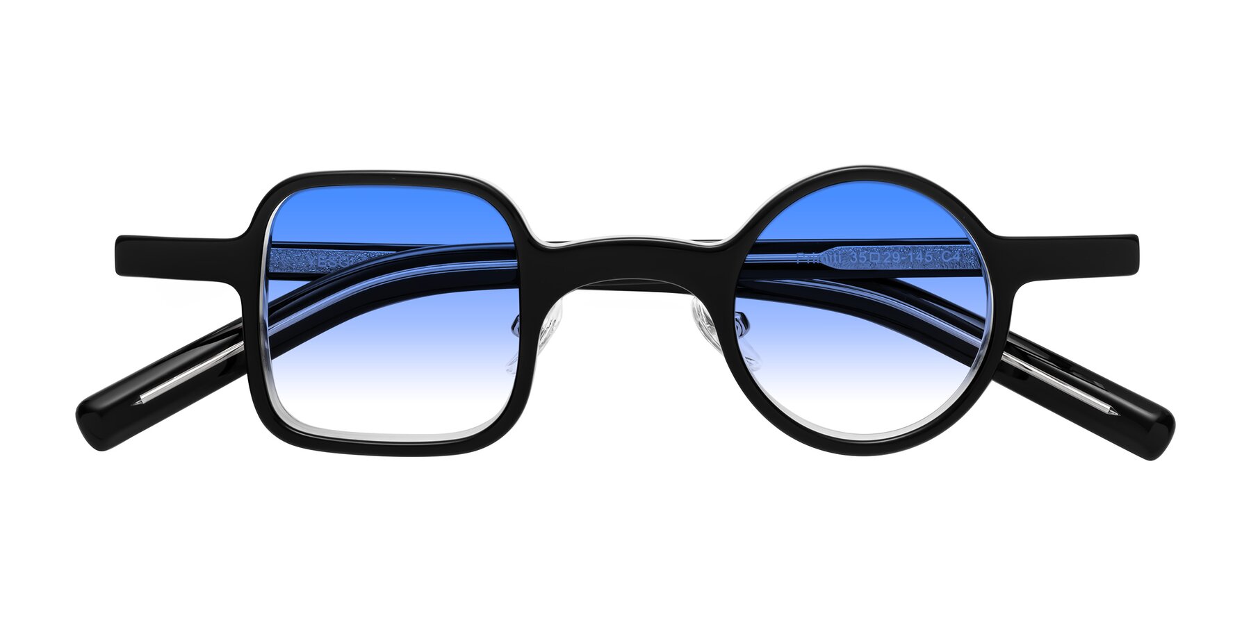 Folded Front of Primiti in Black-Clear with Blue Gradient Lenses