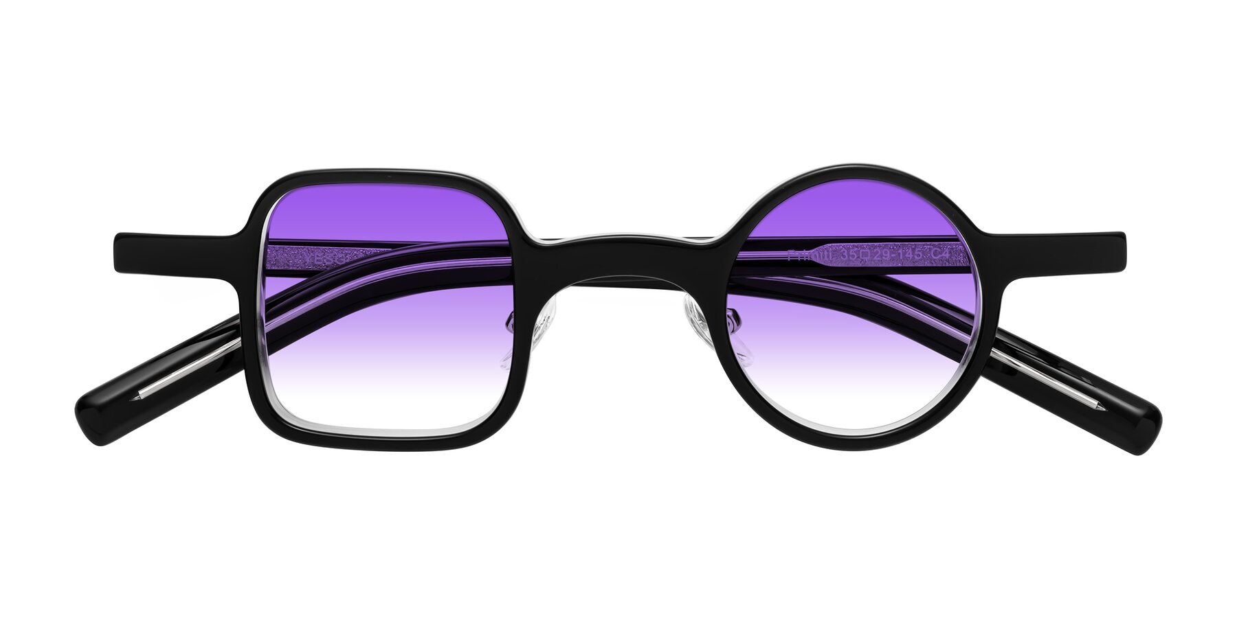 Folded Front of Primiti in Black-Clear with Purple Gradient Lenses