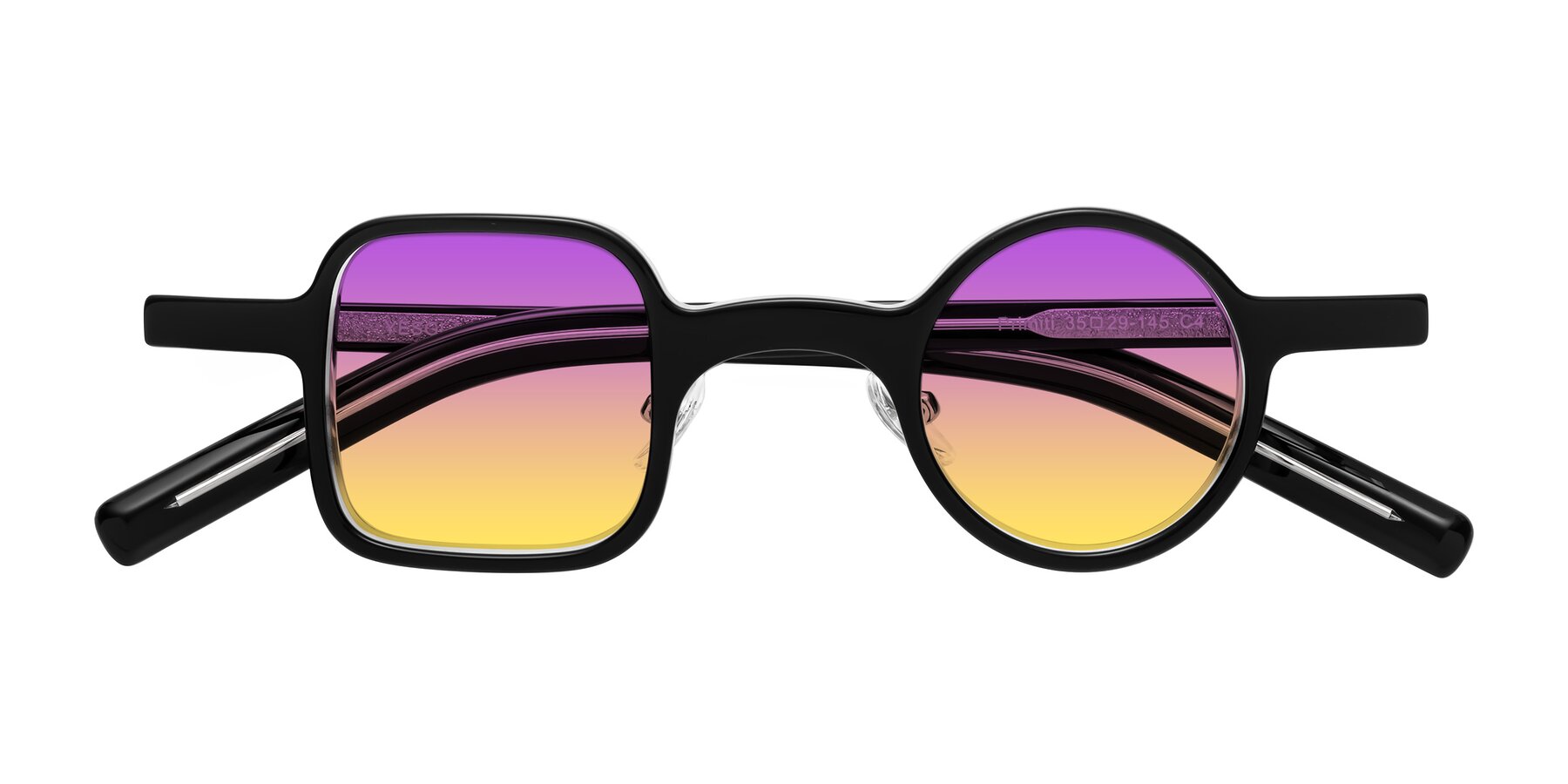 Folded Front of Primiti in Black-Clear with Purple / Yellow Gradient Lenses