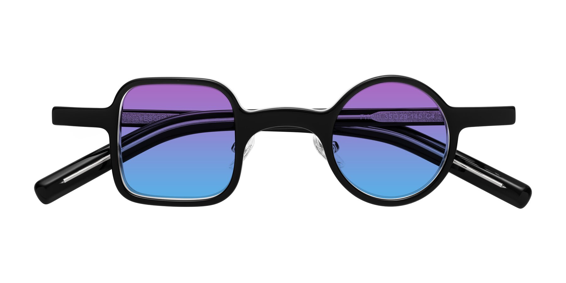 Folded Front of Primiti in Black-Clear with Purple / Blue Gradient Lenses