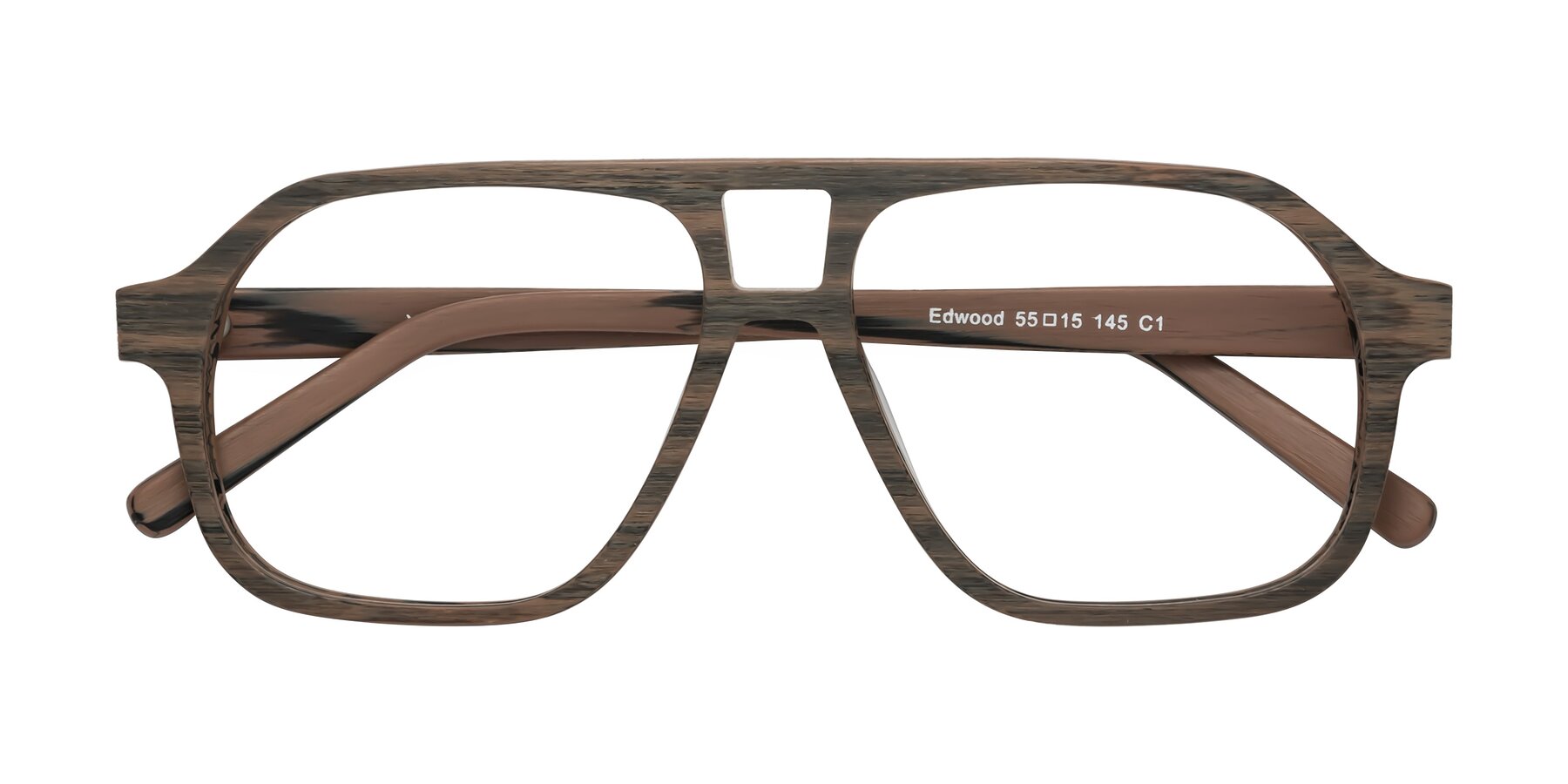 Folded Front of Edwood in Burnt Tan Woodgrain with Clear Eyeglass Lenses