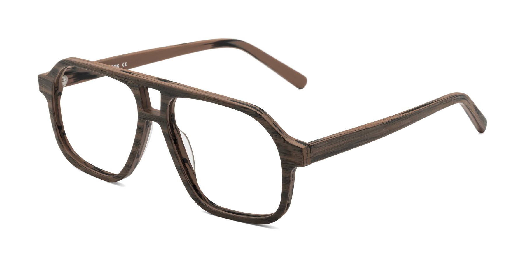 Angle of Edwood in Burnt Tan Woodgrain with Clear Eyeglass Lenses