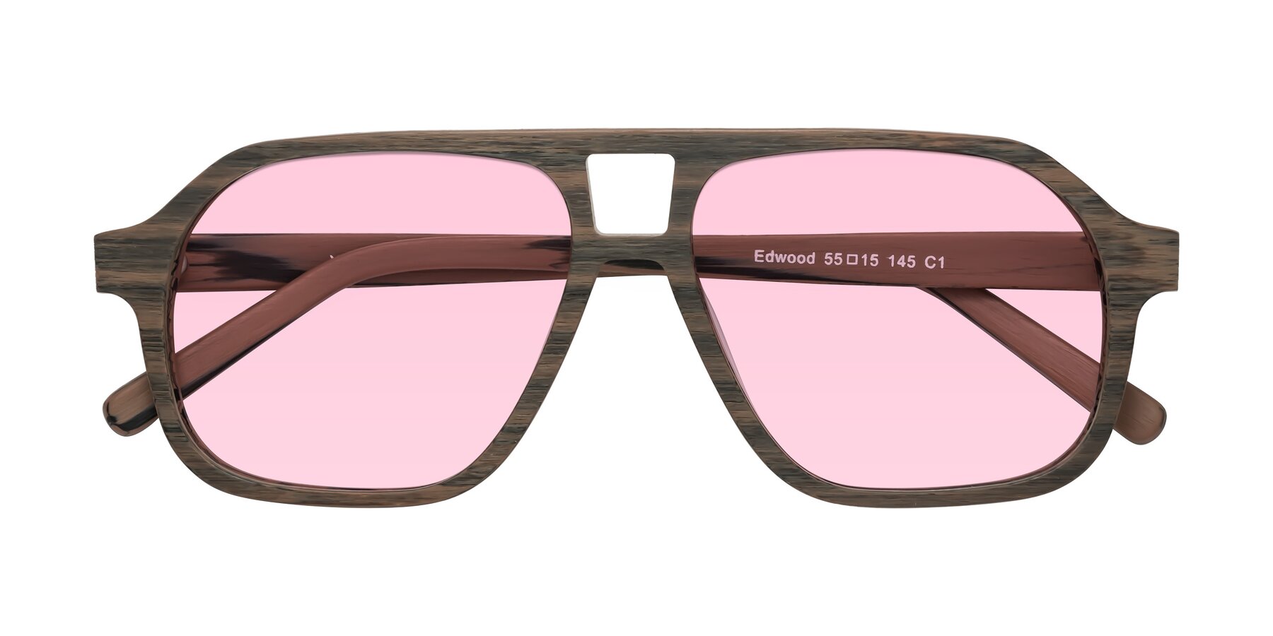 Folded Front of Edwood in Burnt Tan Woodgrain with Light Pink Tinted Lenses