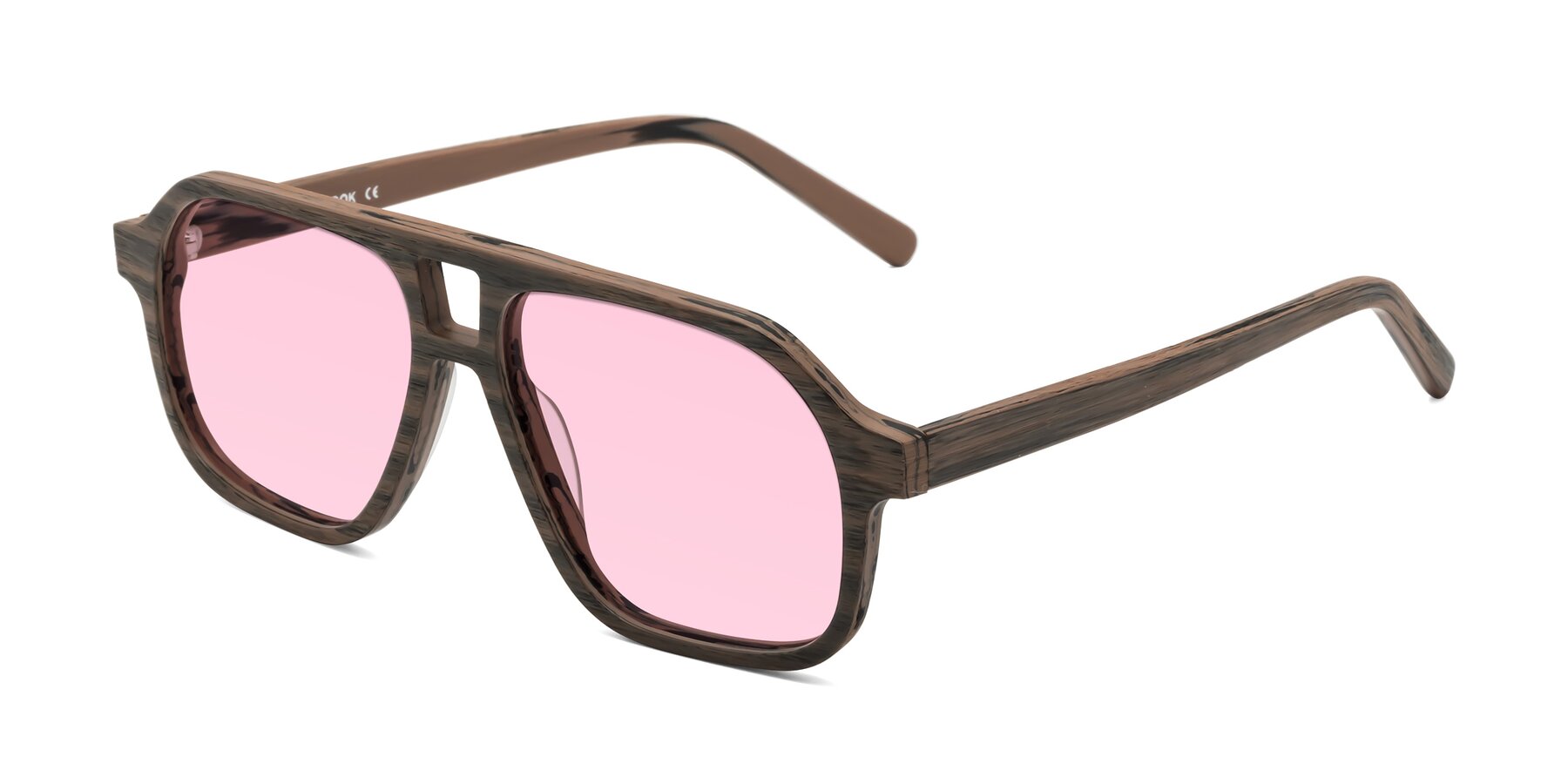 Angle of Edwood in Burnt Tan Woodgrain with Light Pink Tinted Lenses