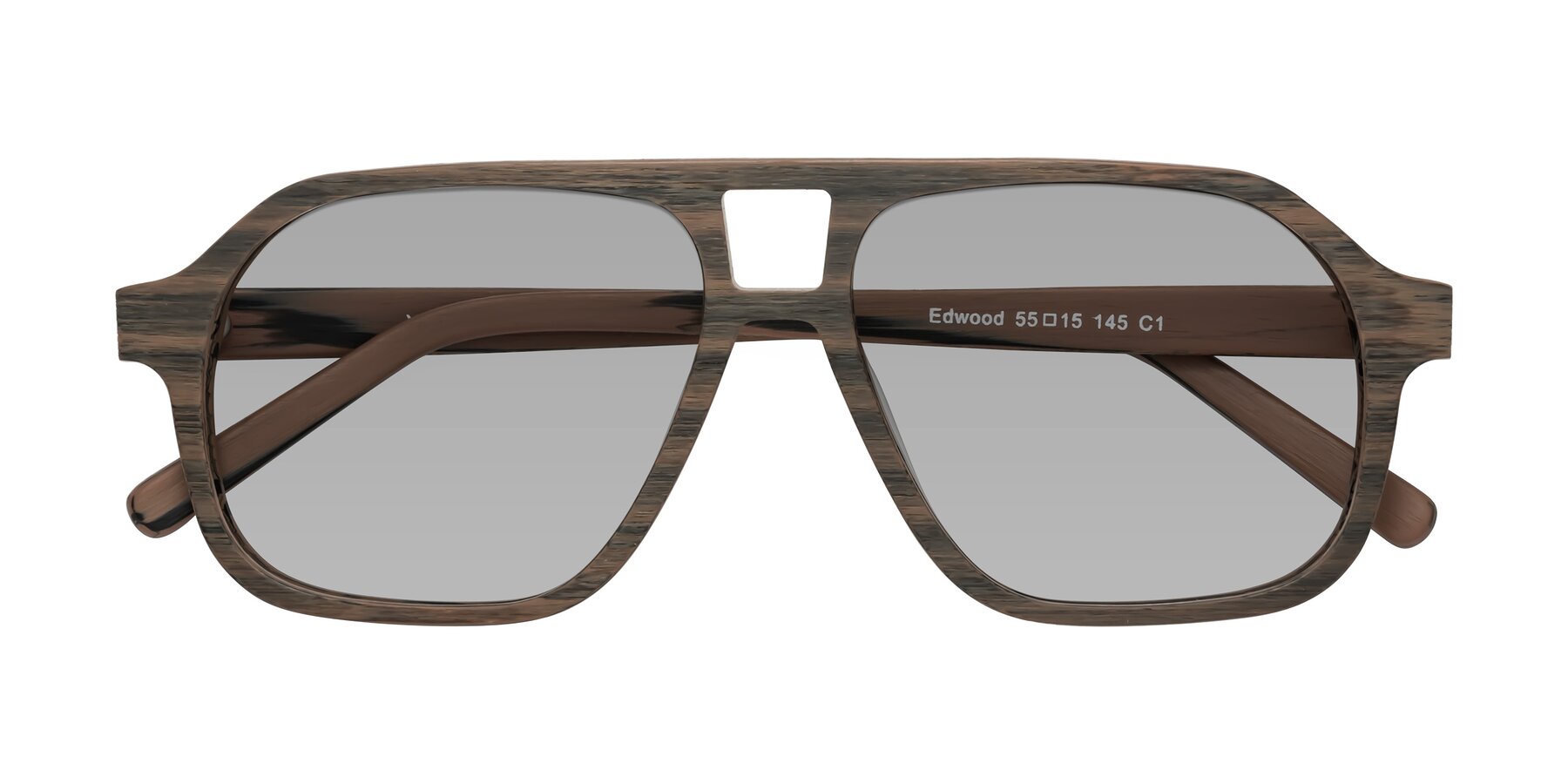 Folded Front of Edwood in Burnt Tan Woodgrain with Light Gray Tinted Lenses