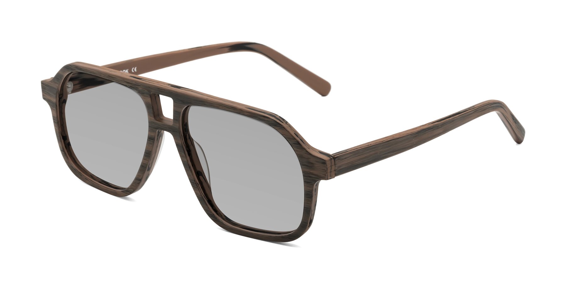 Angle of Edwood in Burnt Tan Woodgrain with Light Gray Tinted Lenses