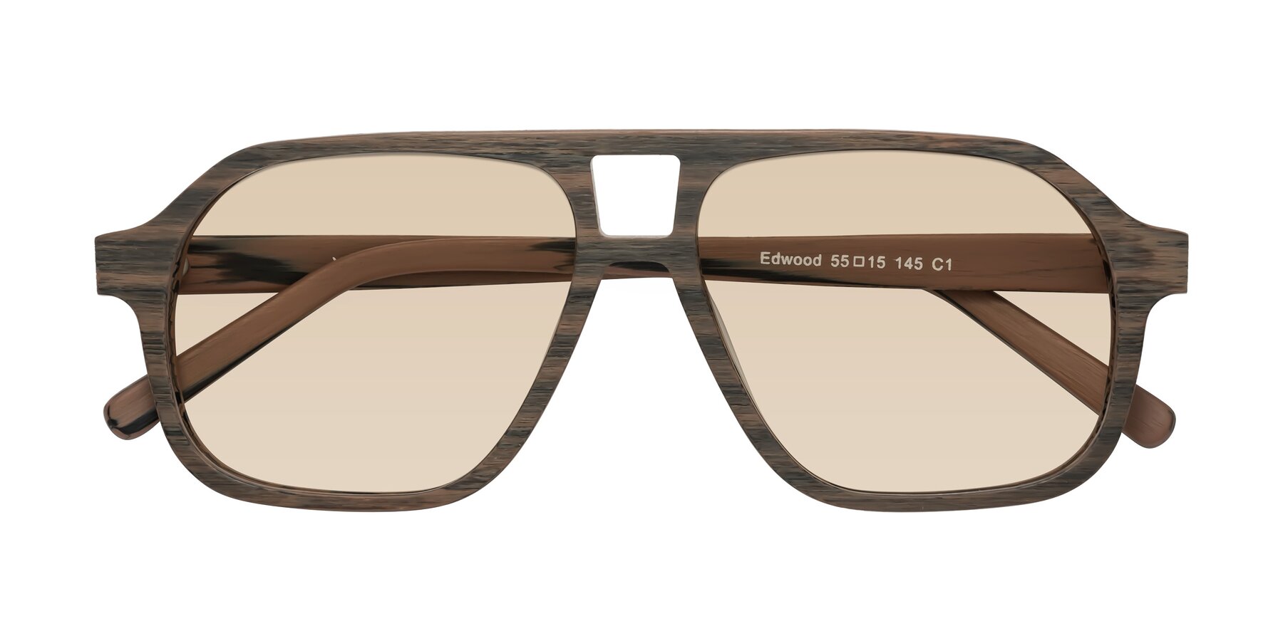 Folded Front of Edwood in Burnt Tan Woodgrain with Light Brown Tinted Lenses