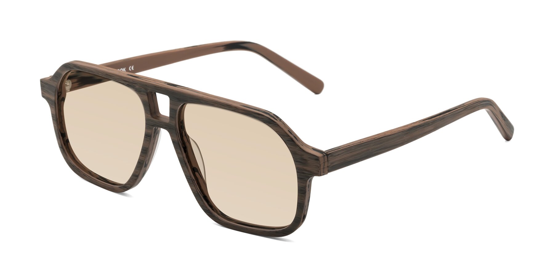 Angle of Edwood in Burnt Tan Woodgrain with Light Brown Tinted Lenses