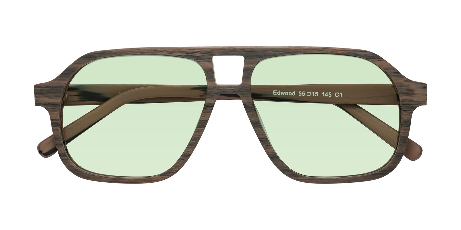 Folded Front of Edwood in Burnt Tan Woodgrain with Light Green Tinted Lenses