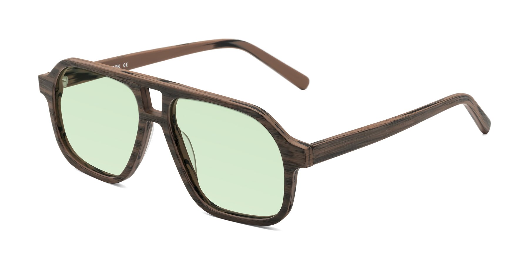 Angle of Edwood in Burnt Tan Woodgrain with Light Green Tinted Lenses