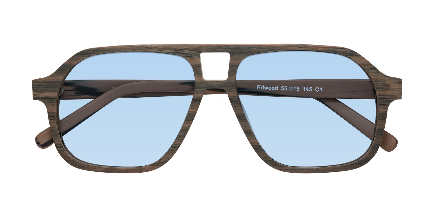 Folded Front of Edwood in Burnt Tan Woodgrain with Light Blue Tinted Lenses