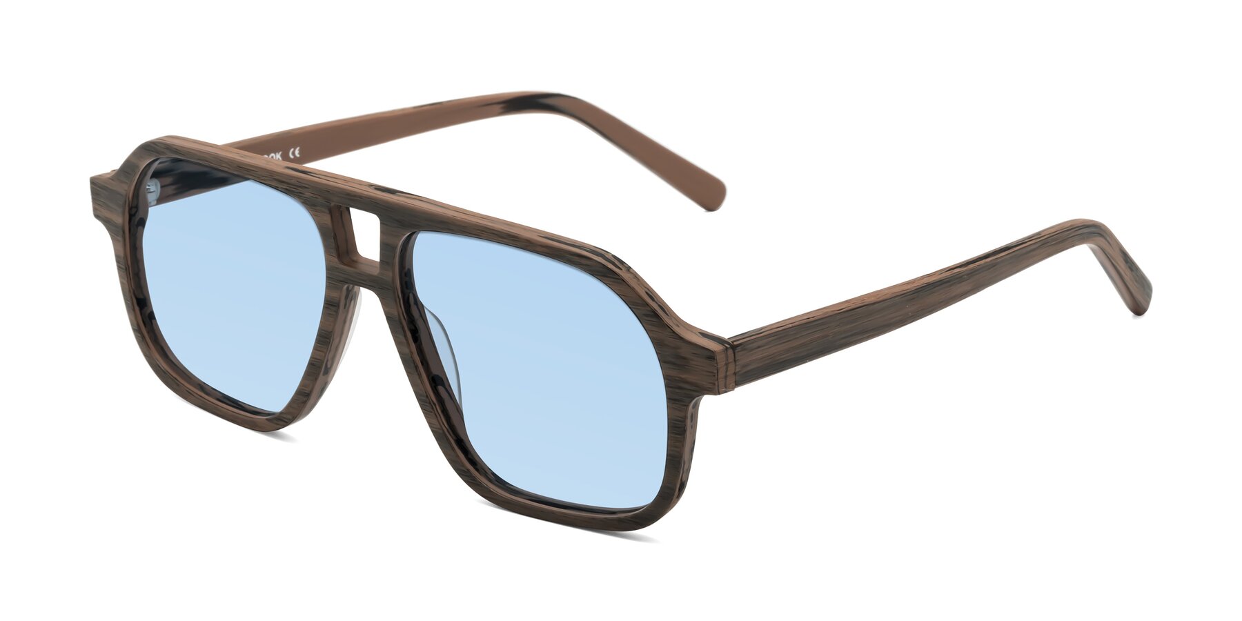 Angle of Edwood in Burnt Tan Woodgrain with Light Blue Tinted Lenses