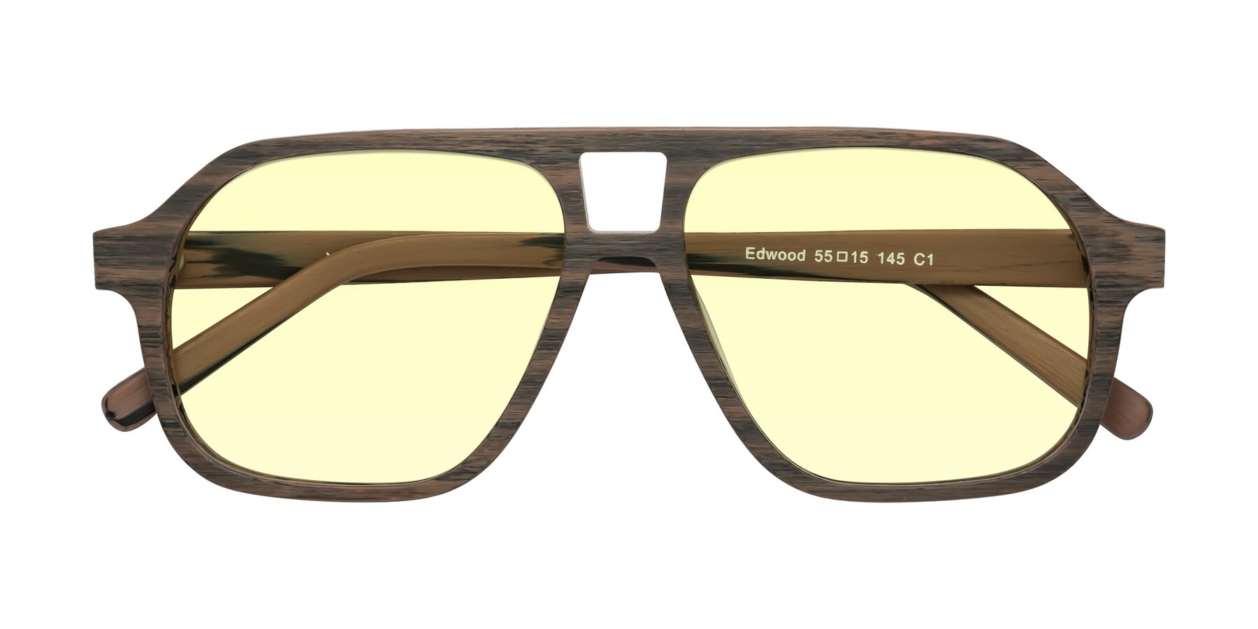 Folded Front of Edwood in Burnt Tan Woodgrain with Light Yellow Tinted Lenses