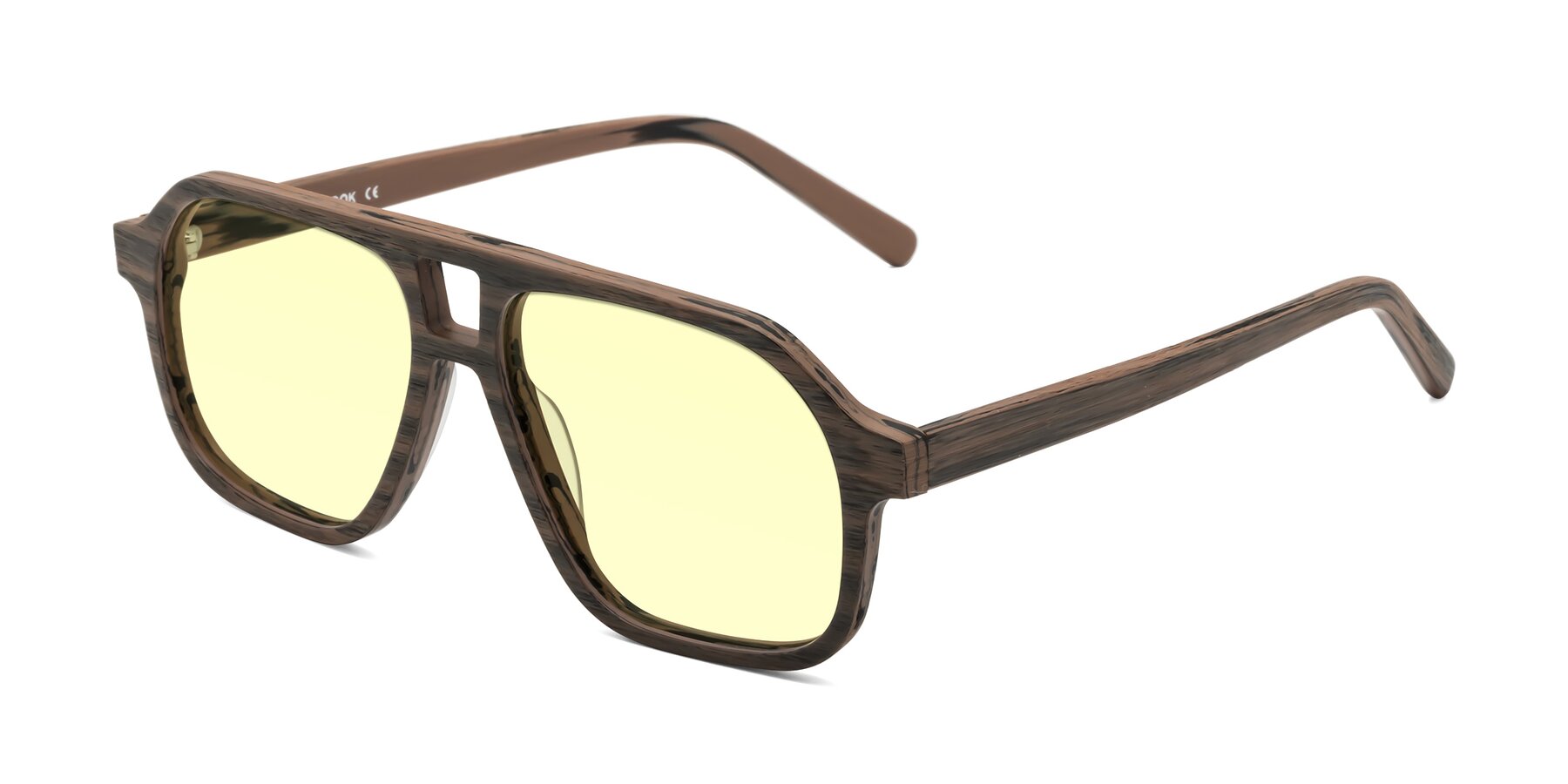 Angle of Edwood in Burnt Tan Woodgrain with Light Yellow Tinted Lenses