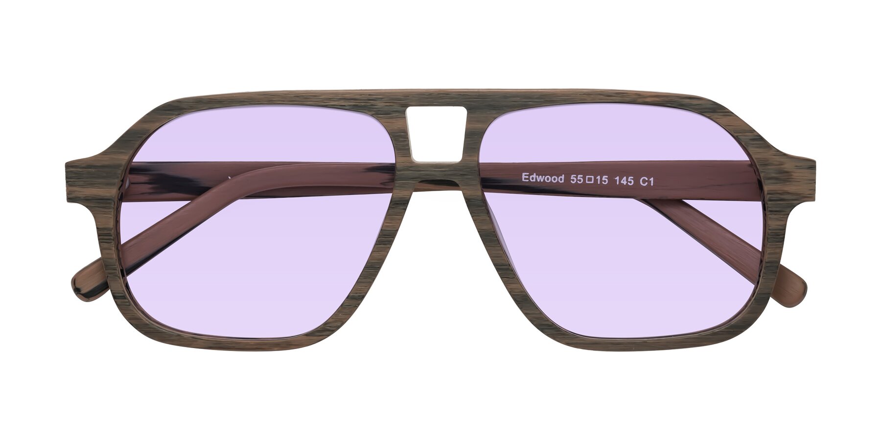 Folded Front of Edwood in Burnt Tan Woodgrain with Light Purple Tinted Lenses