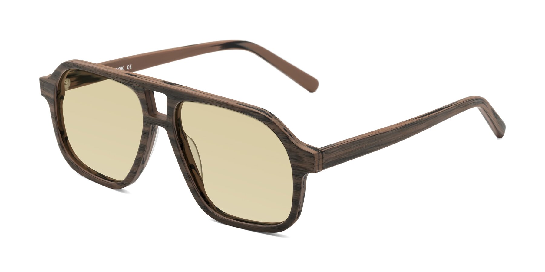 Angle of Edwood in Burnt Tan Woodgrain with Light Champagne Tinted Lenses