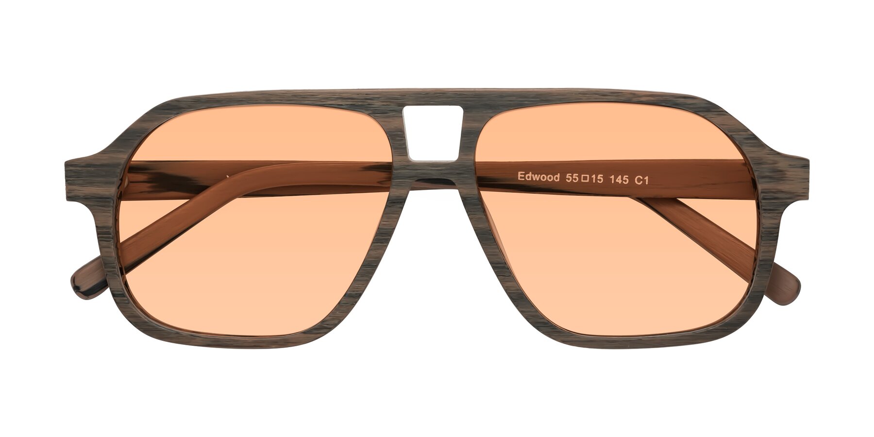 Folded Front of Edwood in Burnt Tan Woodgrain with Light Orange Tinted Lenses