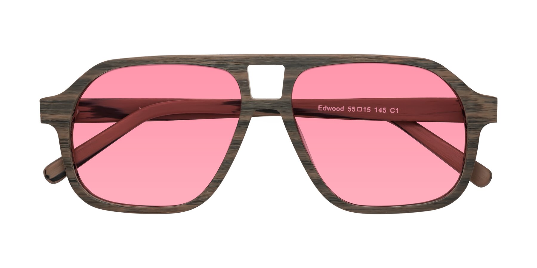 Folded Front of Edwood in Burnt Tan Woodgrain with Pink Tinted Lenses