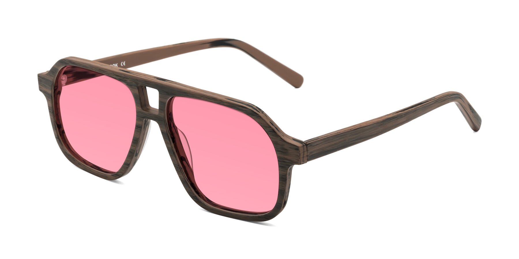 Angle of Edwood in Burnt Tan Woodgrain with Pink Tinted Lenses