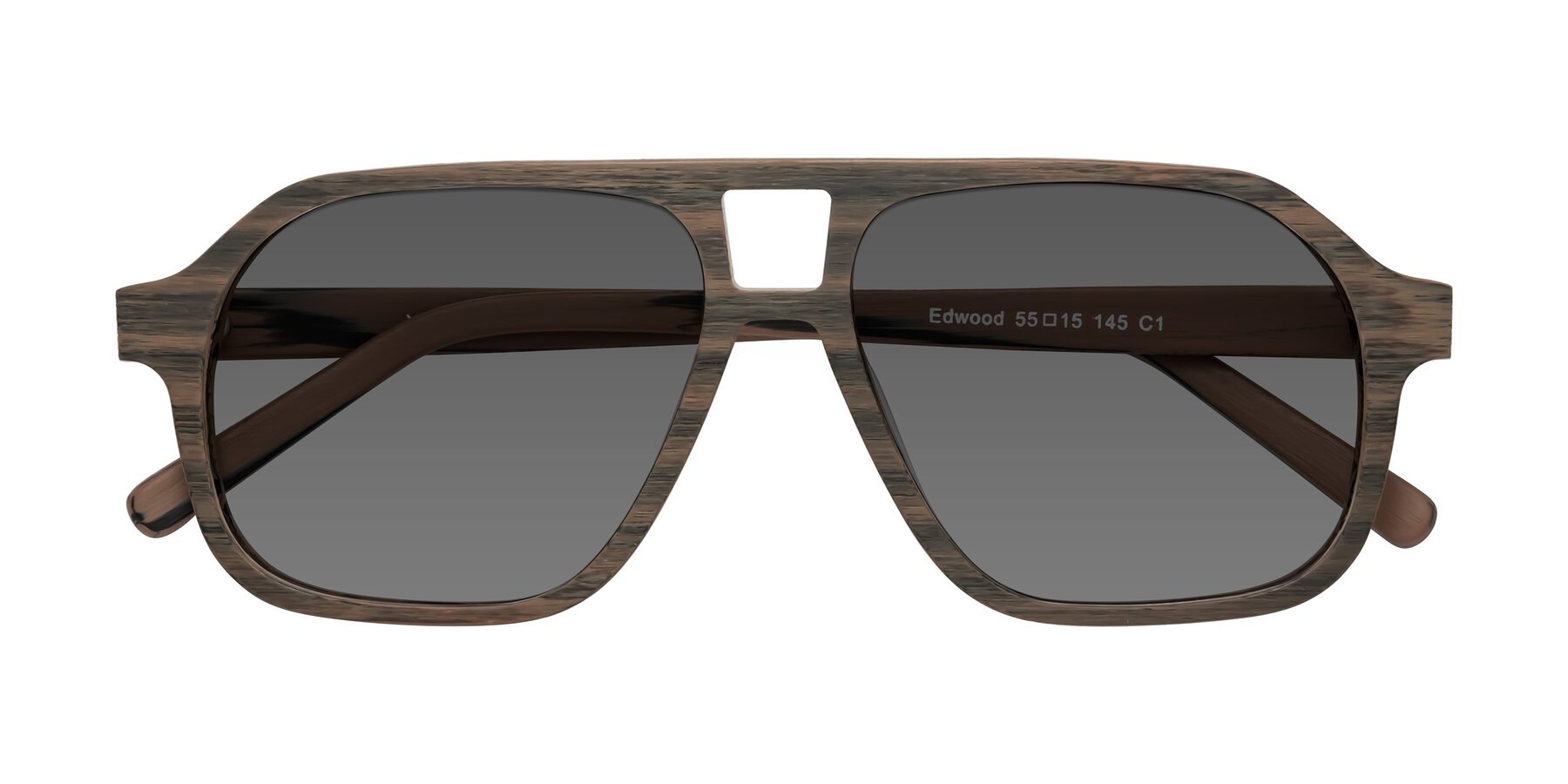 Folded Front of Edwood in Burnt Tan Woodgrain with Medium Gray Tinted Lenses