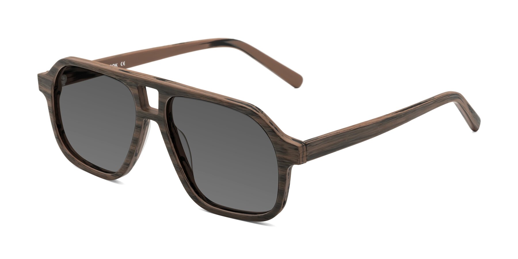 Angle of Edwood in Burnt Tan Woodgrain with Medium Gray Tinted Lenses