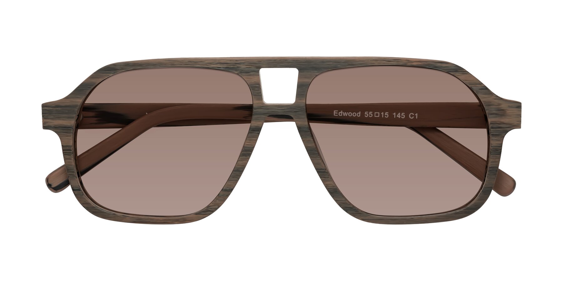 Folded Front of Edwood in Burnt Tan Woodgrain with Medium Brown Tinted Lenses