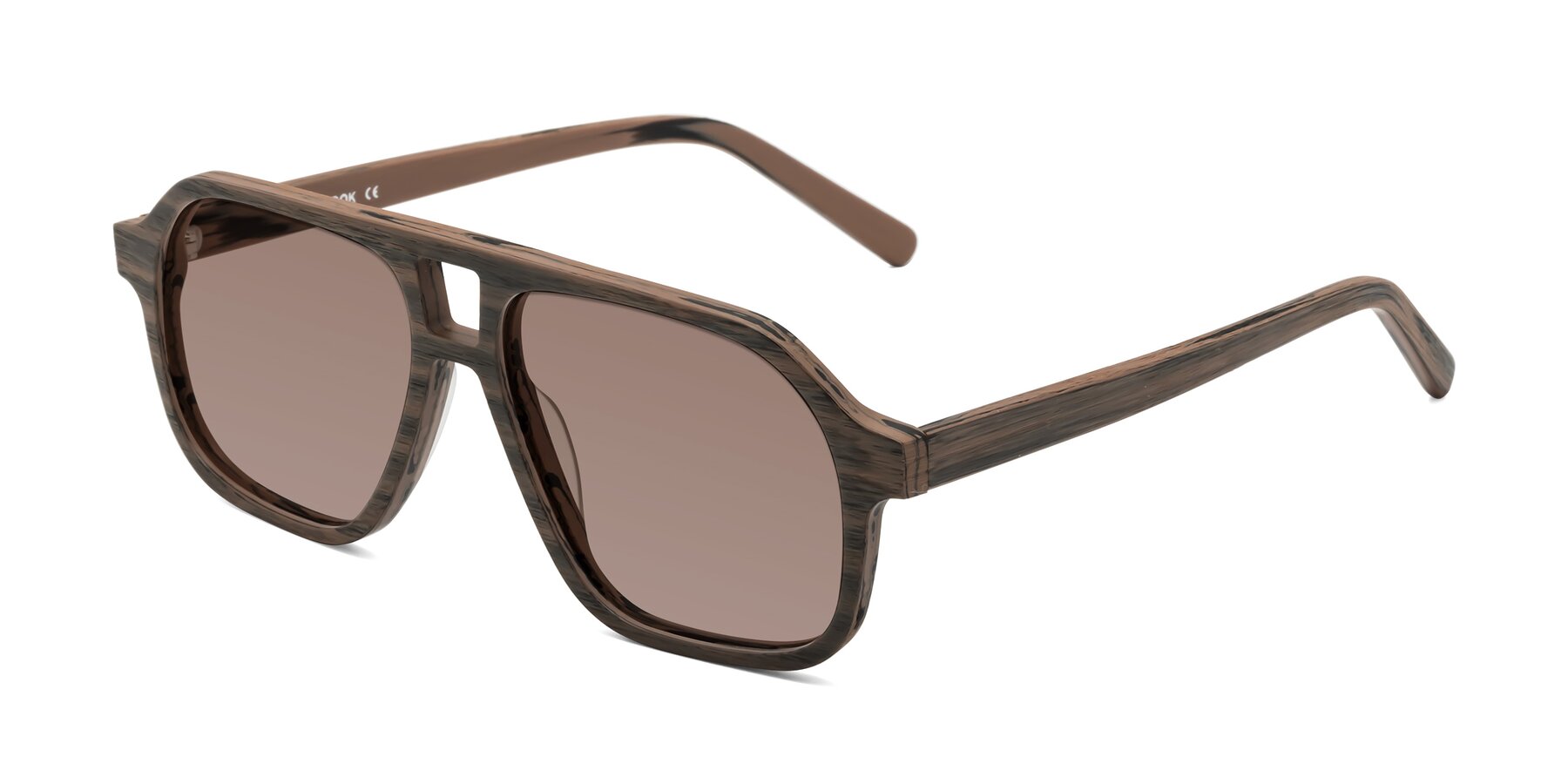 Angle of Edwood in Burnt Tan Woodgrain with Medium Brown Tinted Lenses