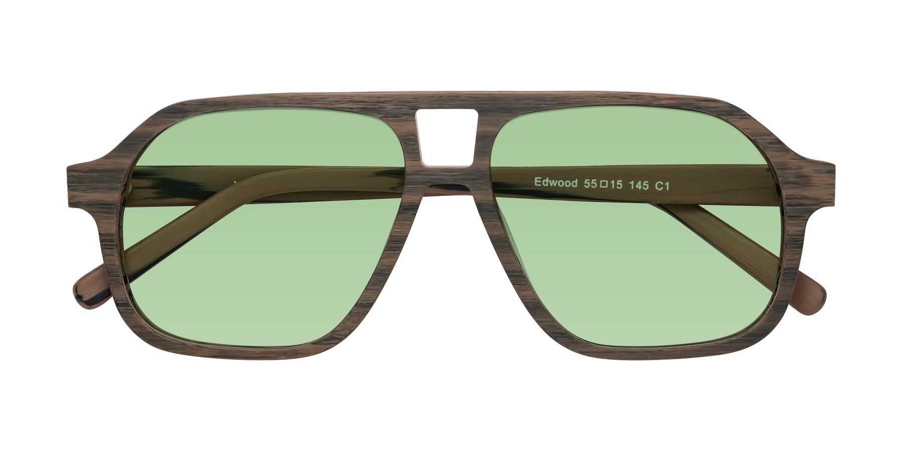 Folded Front of Edwood in Burnt Tan Woodgrain with Medium Green Tinted Lenses