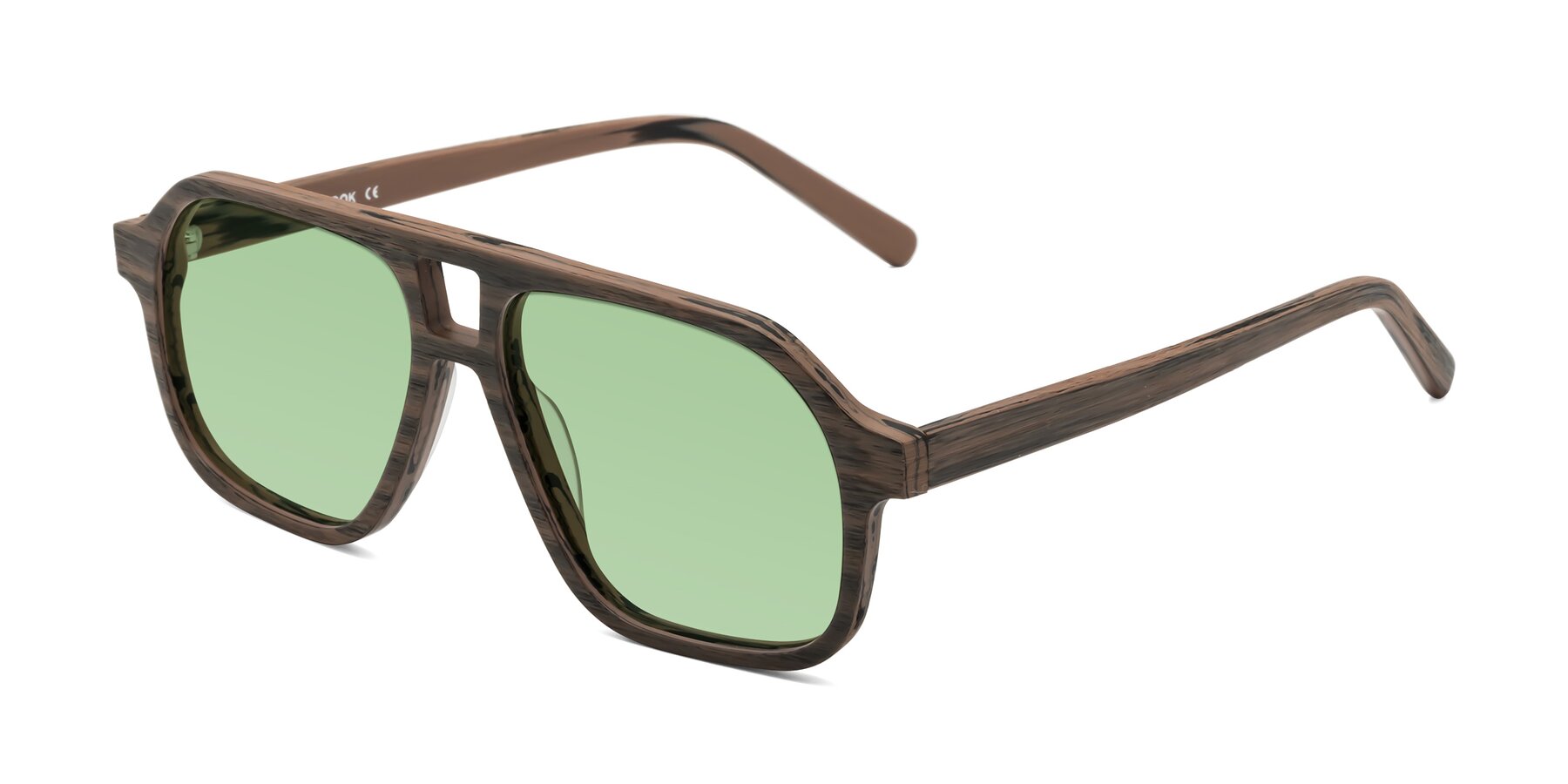 Angle of Edwood in Burnt Tan Woodgrain with Medium Green Tinted Lenses