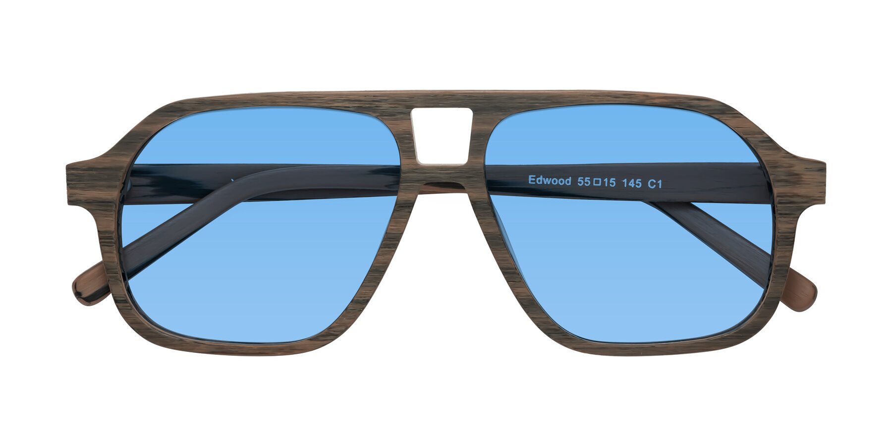 Folded Front of Edwood in Burnt Tan Woodgrain with Medium Blue Tinted Lenses