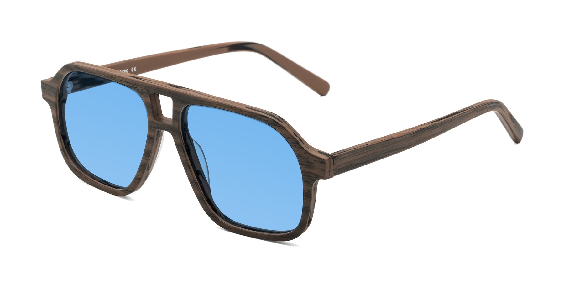 Angle of Edwood in Burnt Tan Woodgrain with Medium Blue Tinted Lenses