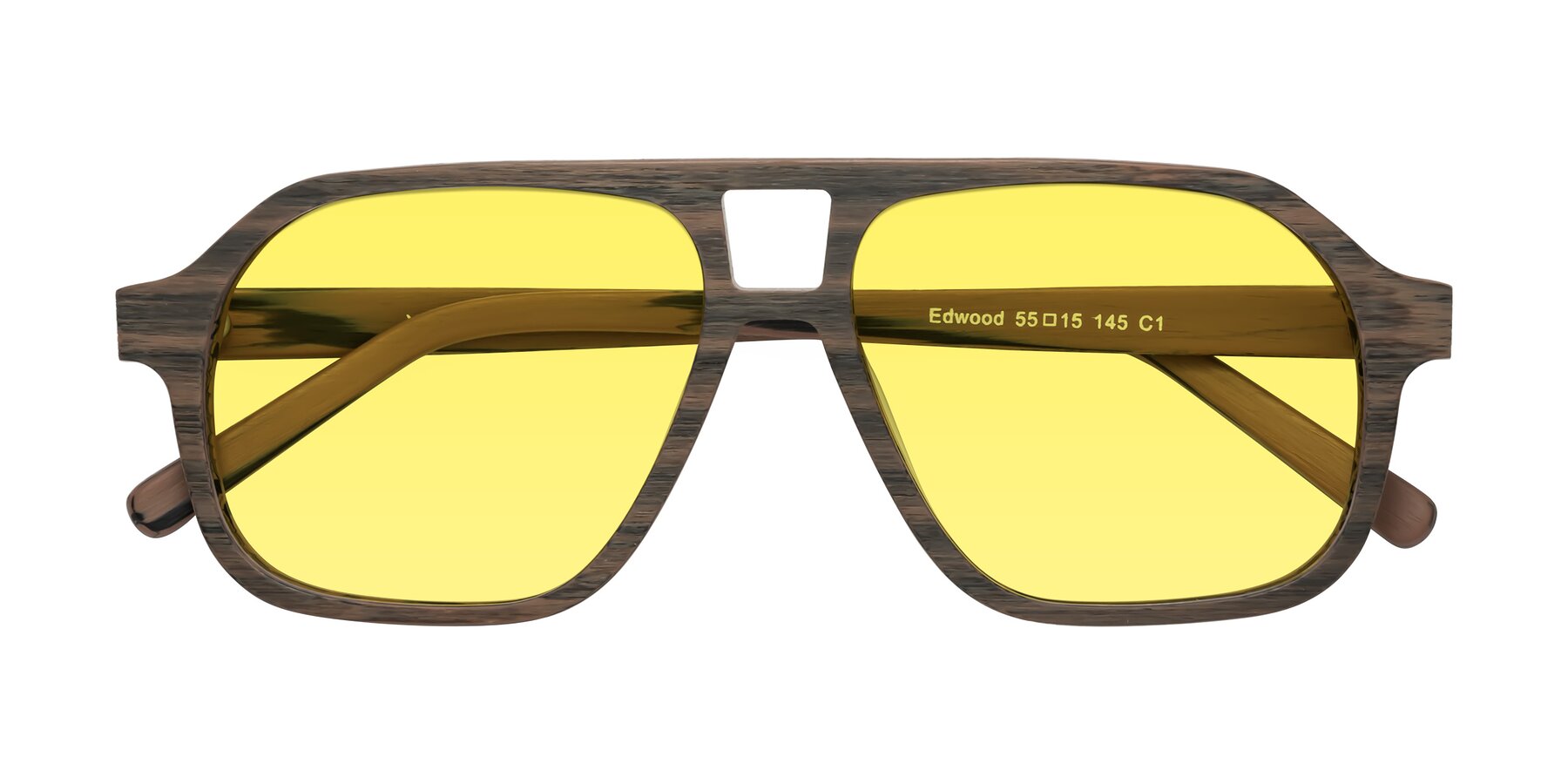 Folded Front of Edwood in Burnt Tan Woodgrain with Medium Yellow Tinted Lenses