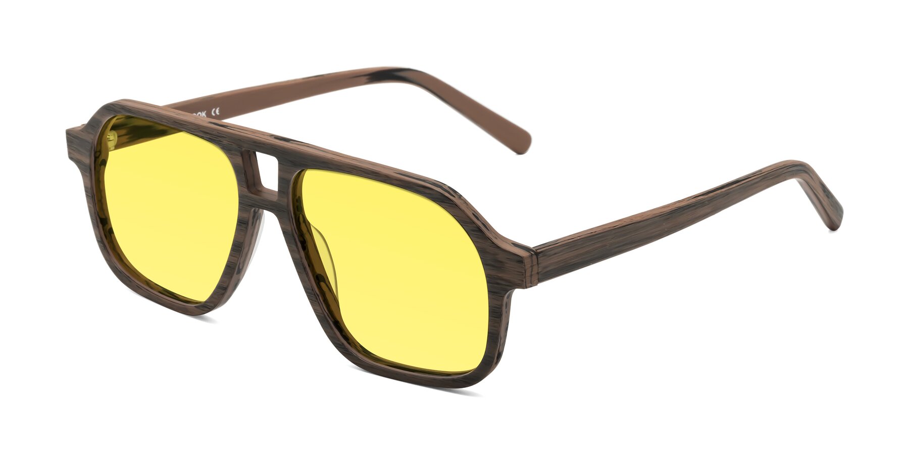 Angle of Edwood in Burnt Tan Woodgrain with Medium Yellow Tinted Lenses