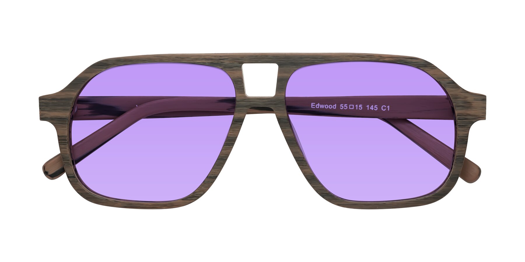 Folded Front of Edwood in Burnt Tan Woodgrain with Medium Purple Tinted Lenses