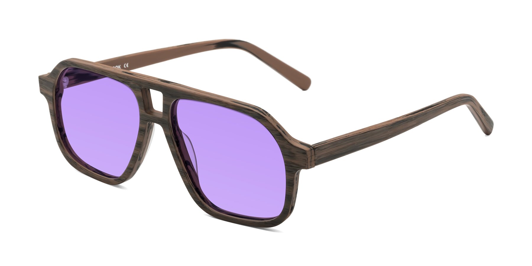 Angle of Edwood in Burnt Tan Woodgrain with Medium Purple Tinted Lenses