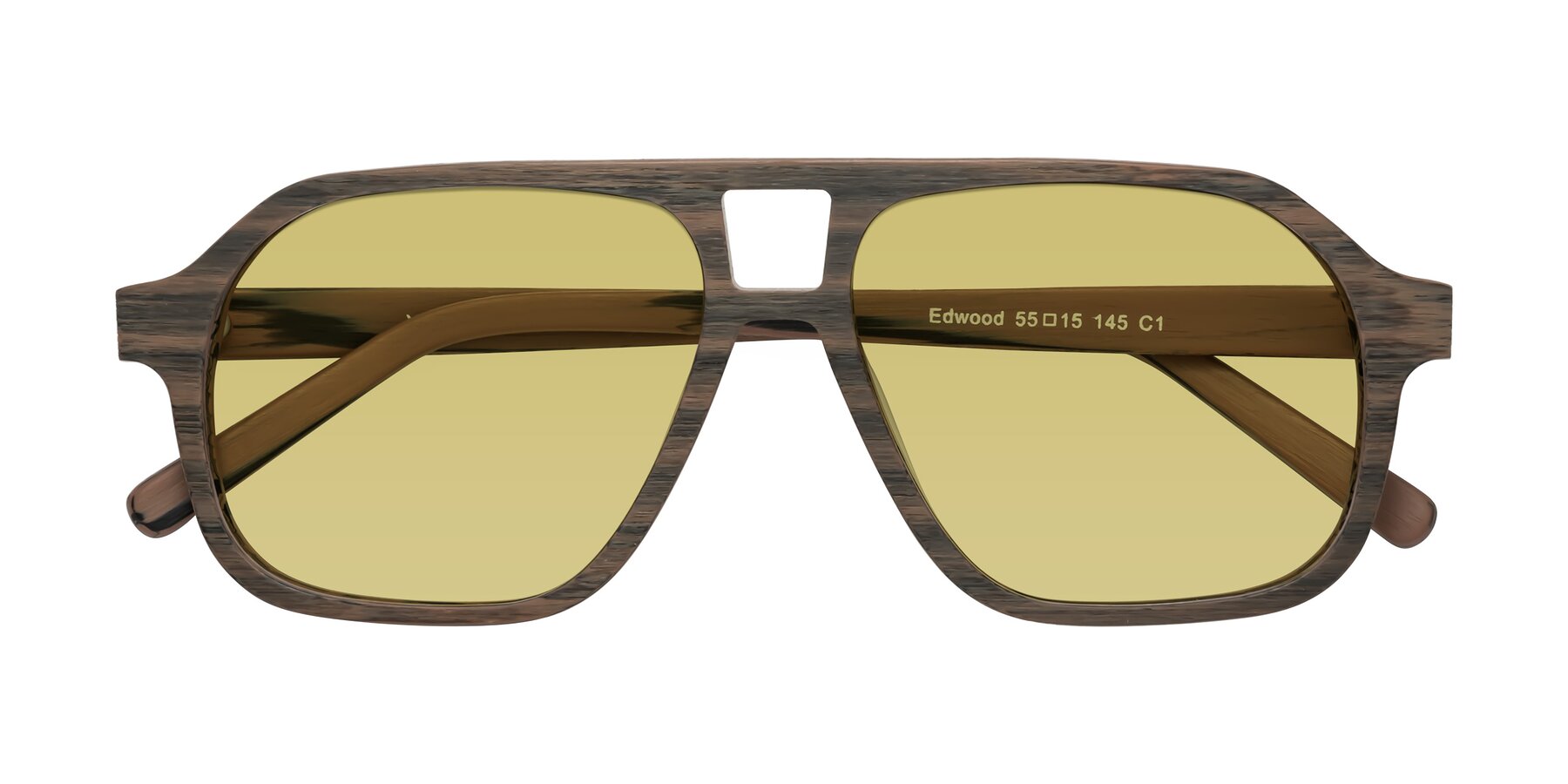 Folded Front of Edwood in Burnt Tan Woodgrain with Medium Champagne Tinted Lenses