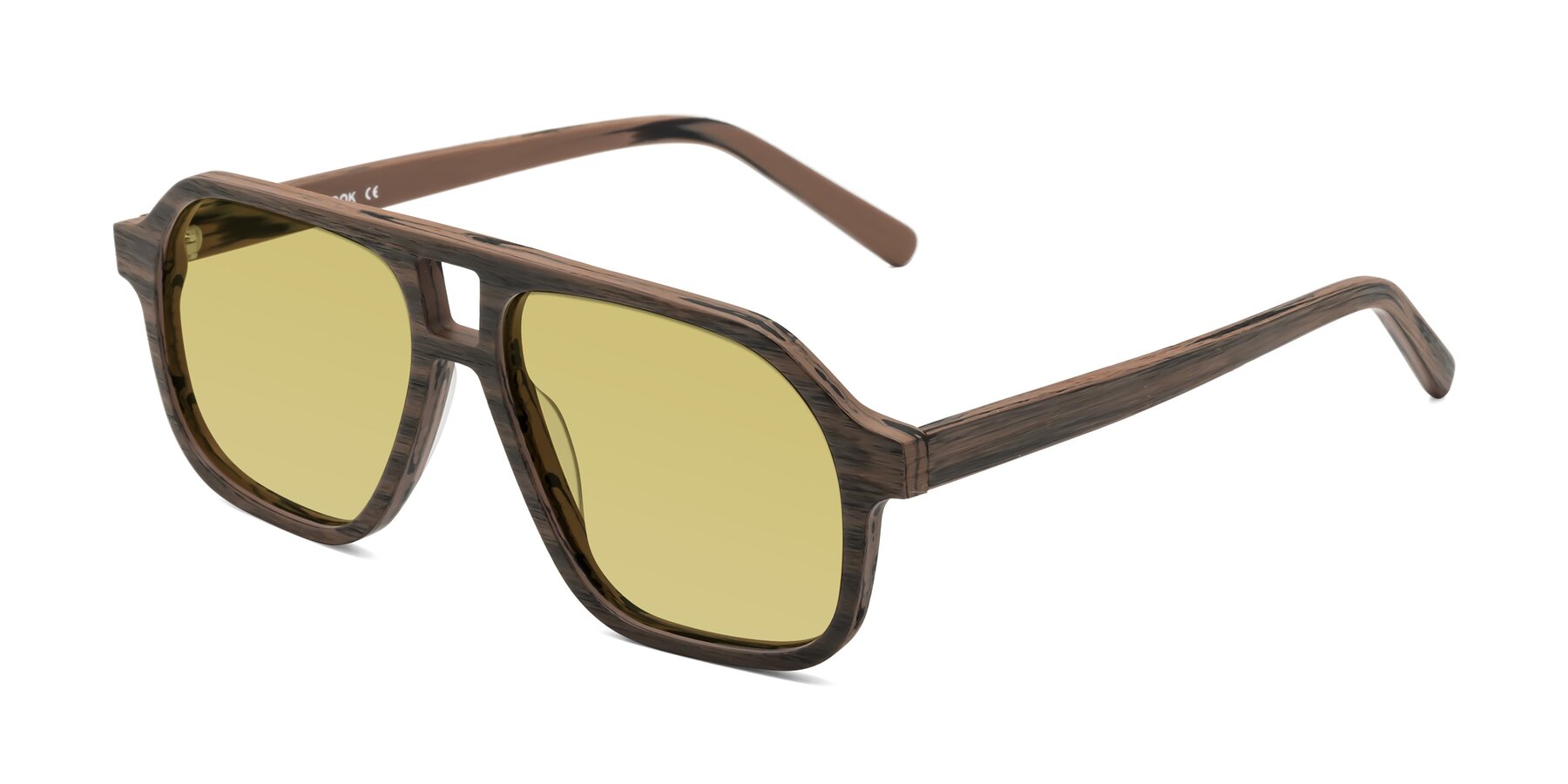 Angle of Edwood in Burnt Tan Woodgrain with Medium Champagne Tinted Lenses