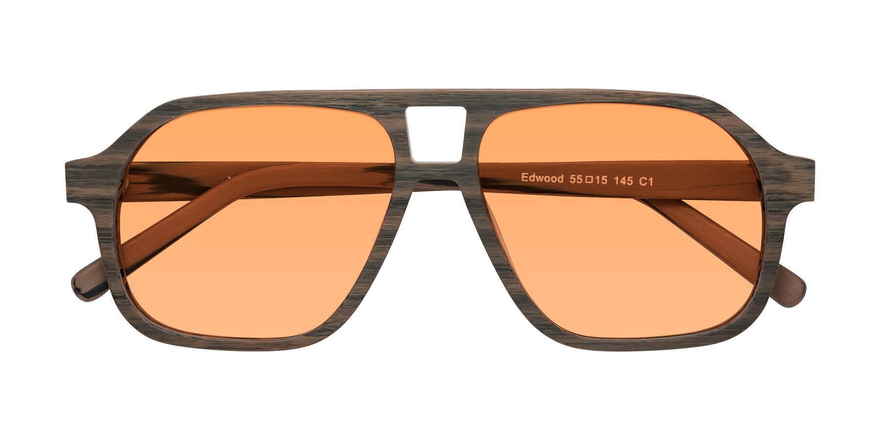 Folded Front of Edwood in Burnt Tan Woodgrain with Medium Orange Tinted Lenses