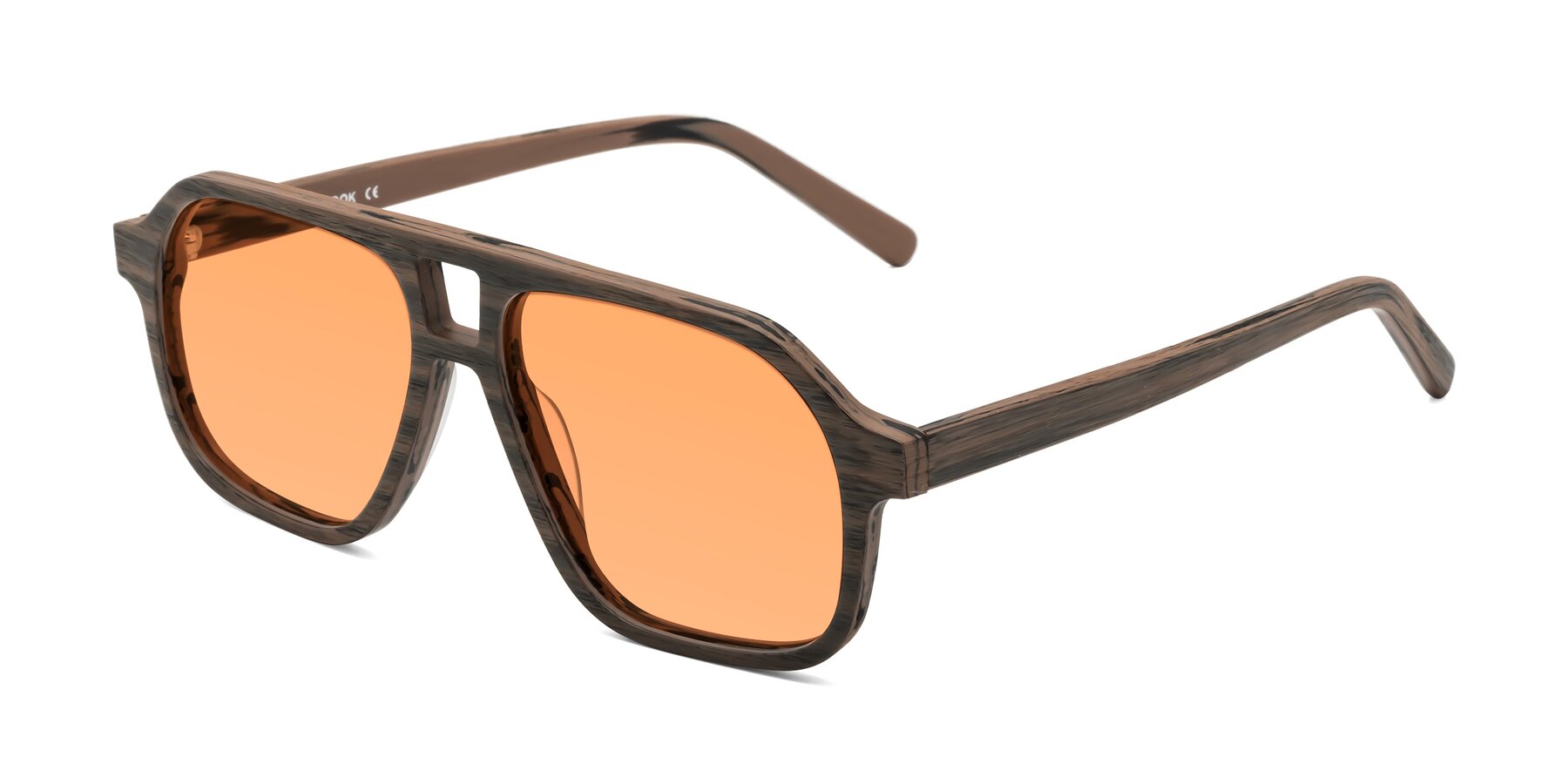 Angle of Edwood in Burnt Tan Woodgrain with Medium Orange Tinted Lenses