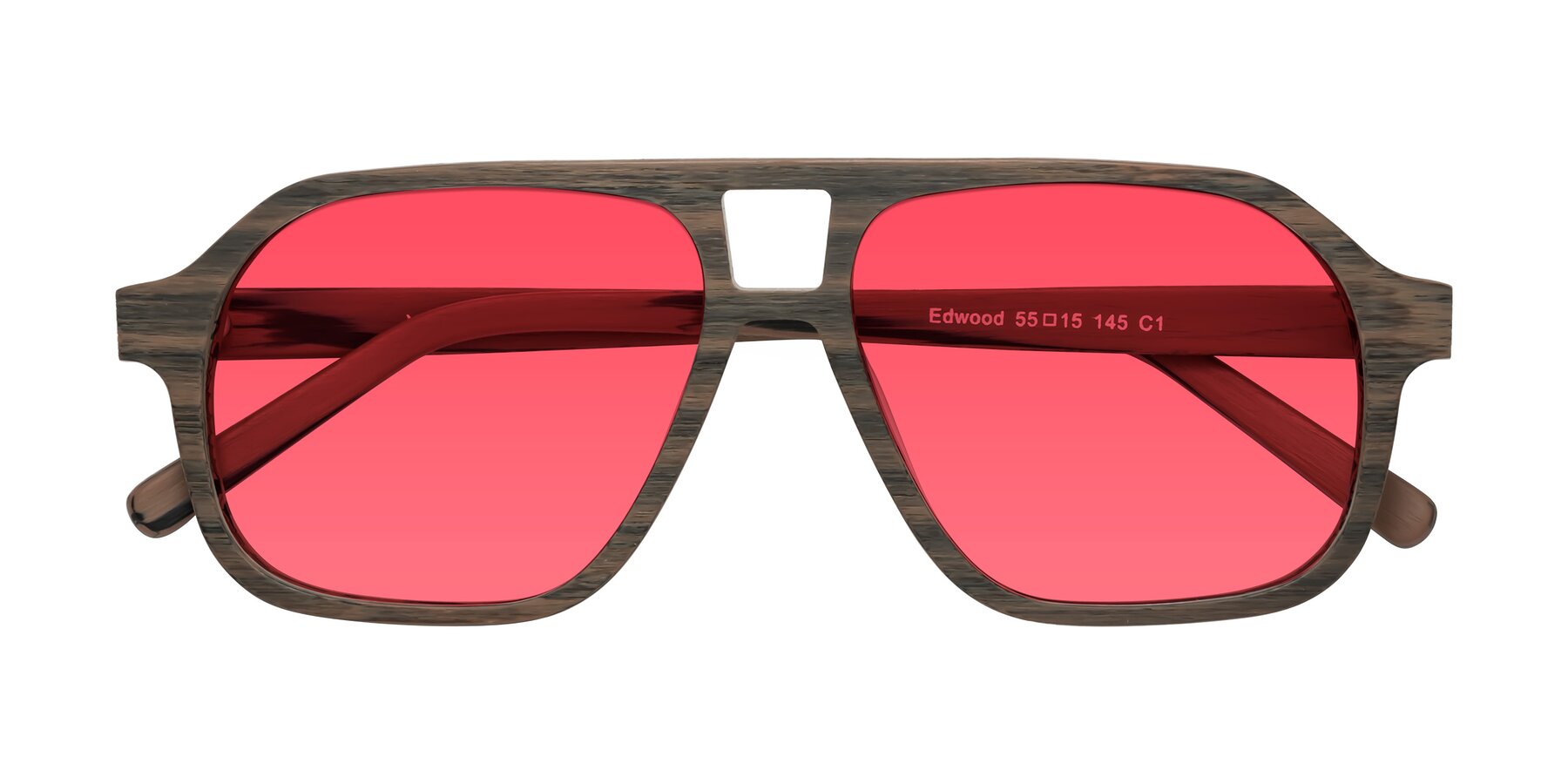 Folded Front of Edwood in Burnt Tan Woodgrain with Red Tinted Lenses